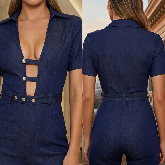 New Dark Lightweight Denim Jean Keyhole Plunge Jumpsuit Romper S, M, L - Picture 3 of 5